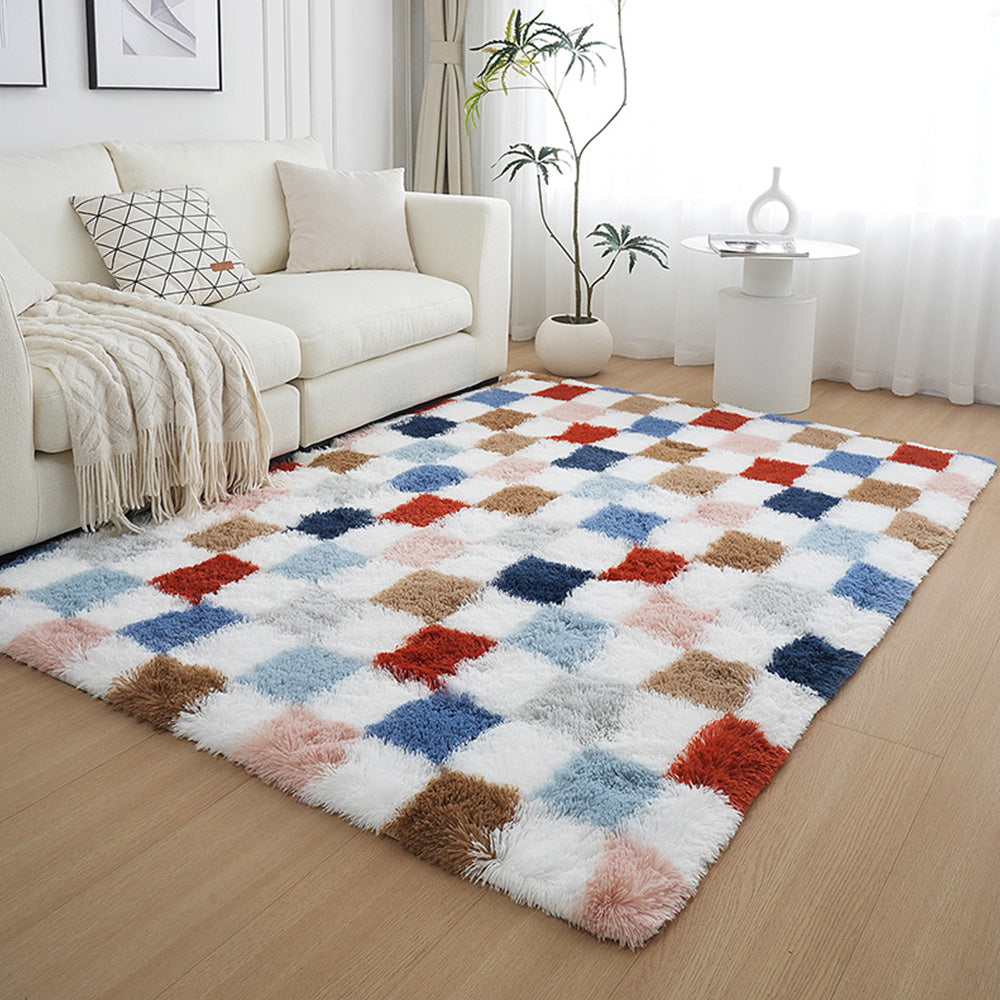 Soft Plush Shaggy Rug Checkered Thickened Non Slip Carpet for Living Room Bedroom