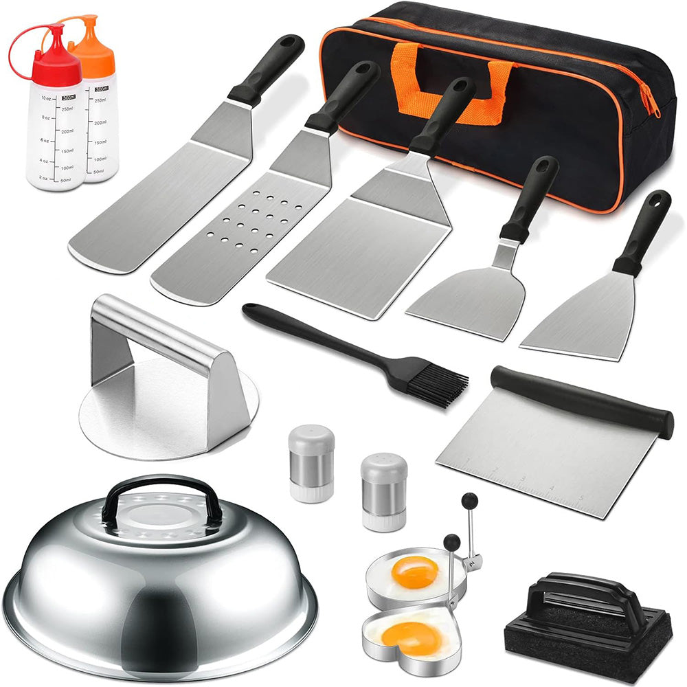 17Pcs Stainless Steel Flat Top Griddle BBQ Cooking Tool Set