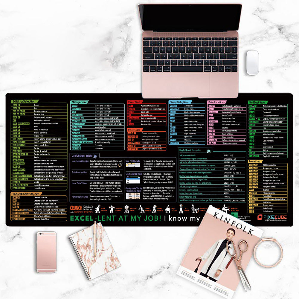 Excel Shortcut Office Desk Mat Non-Slip Desk Mouse pad Office Keyboard Shortcuts Mouse pad