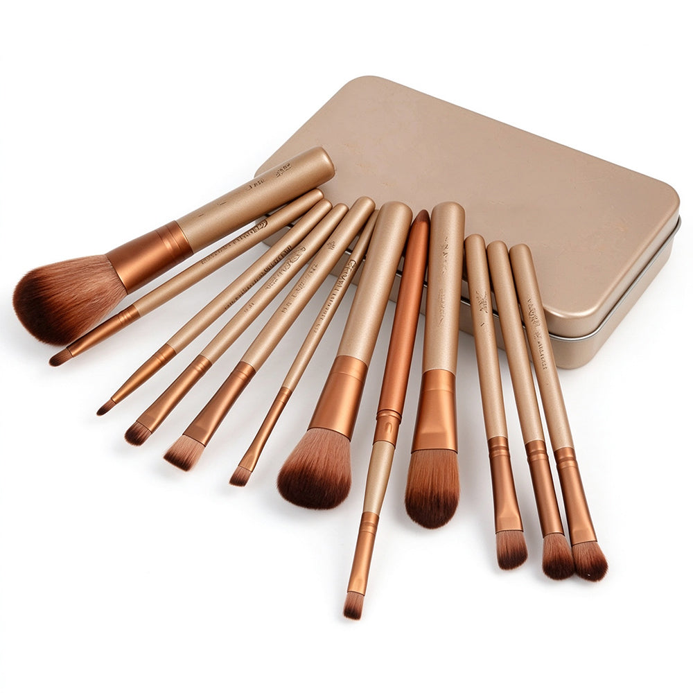 12 Piece Makeup Brush Set with Gold Iron Storage Case
