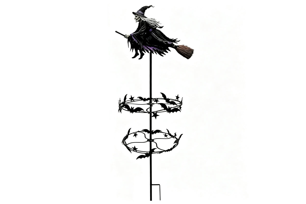 Halloween Witch Wind Spinner Garden Stake Metal Rotating Bat Star Windmill
