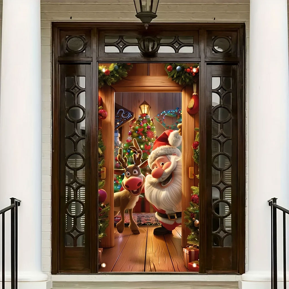 2Pcs 180x90CM Santa Claus Door Cover Christmas Background Cloth Hanging