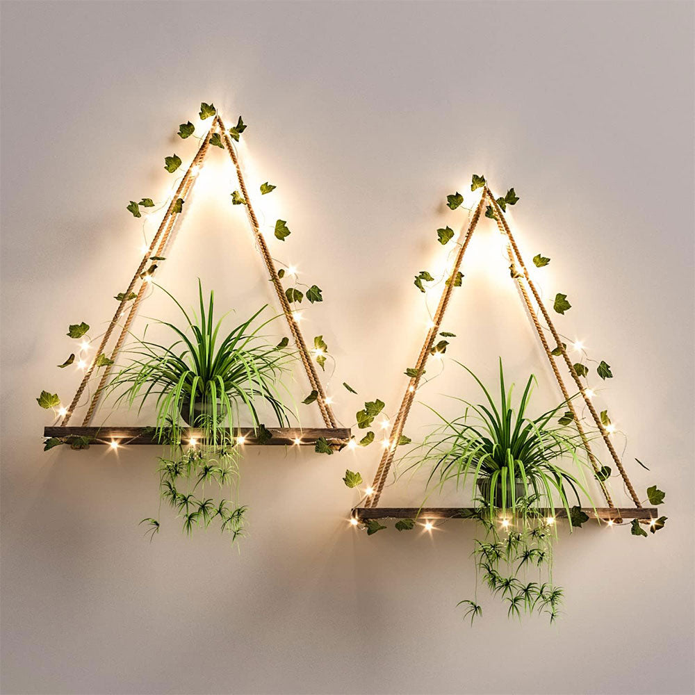 2Pcs Artificial Ivy LED Strip Wall Hanging Shelves Macrame Shelf for Bedroom