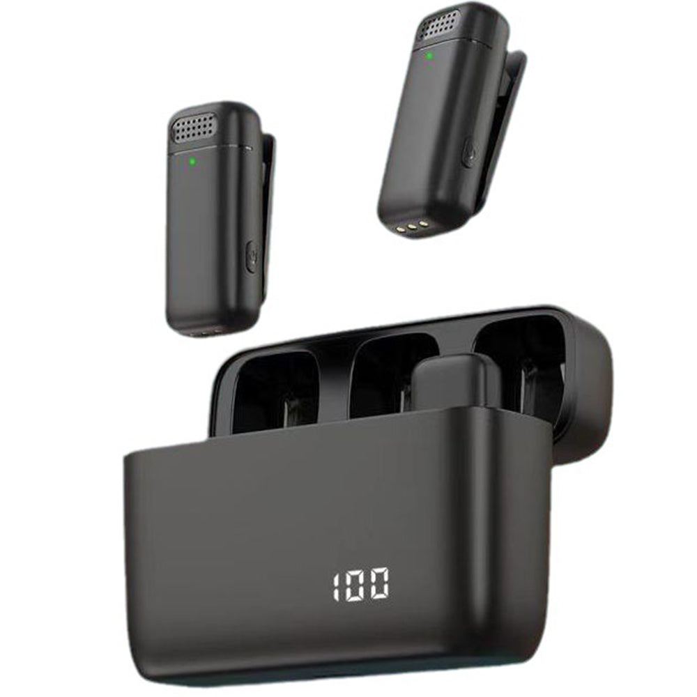 Dual Wireless Lavalier Mics with Charging Case Noise Reduction Lapel Microphone