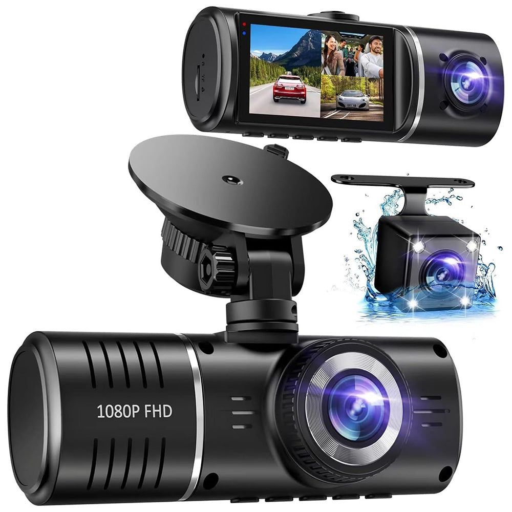 1080P Triple Dash Cam Front and Rear Inside for Cars with 32GB Card