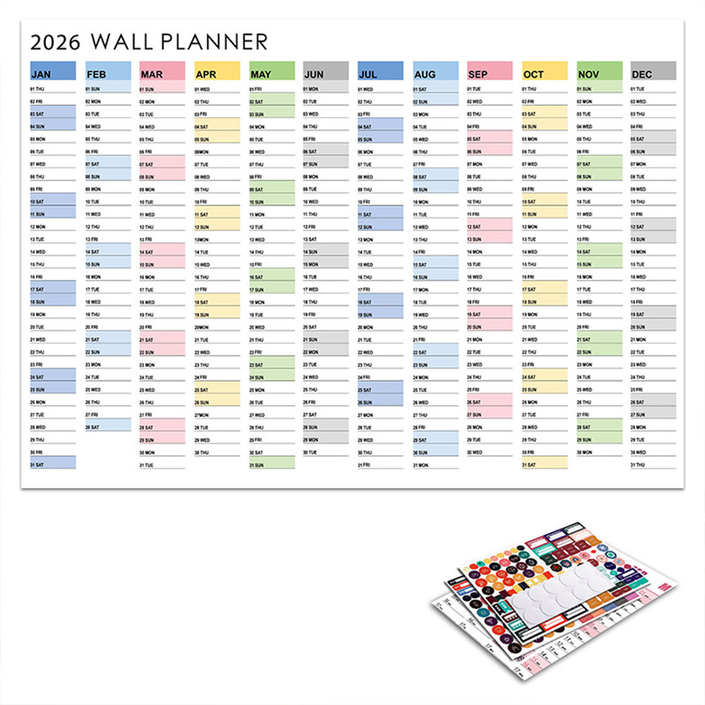 2026 Wall Calendar Planner with Annual Overview and Stickers