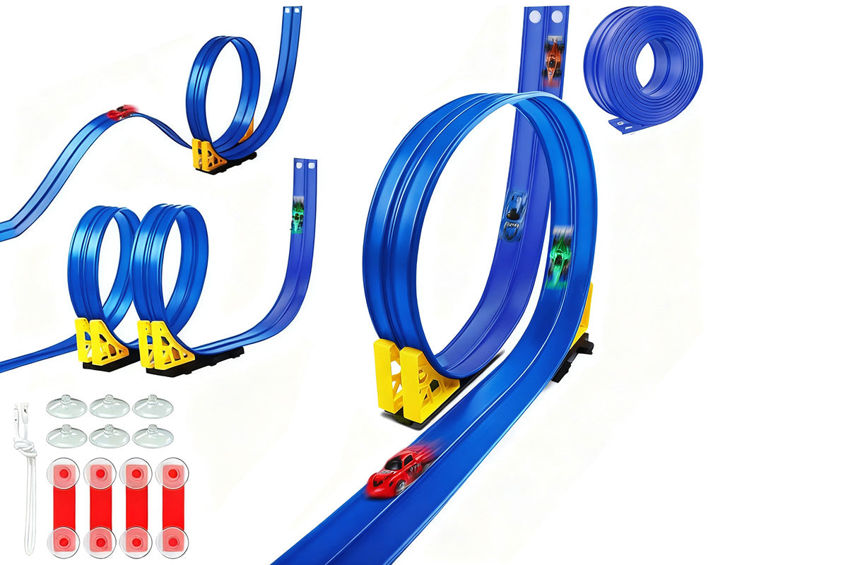 Flexible Race Track Toy Set DIY Bendable Ramp with Suction Cups Roll-Up Car Track 4m