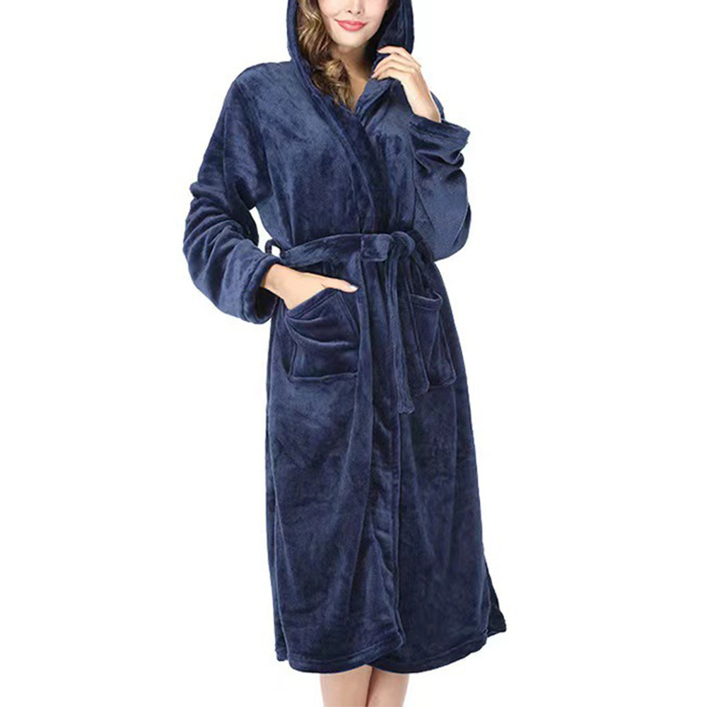 Women Robe Hood Flannel Fleece Full Length Bathrobe Shower Nightgown-Navy