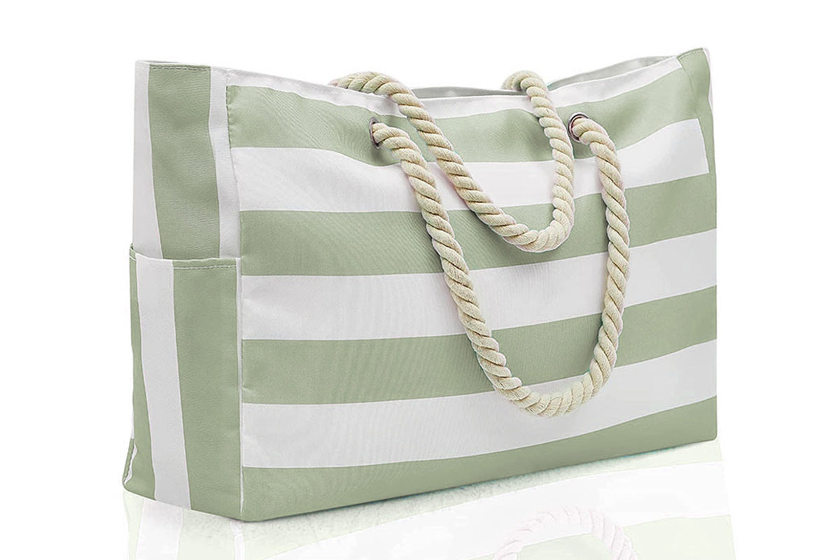 Large Zipper Beach Bags Striped Tote Bag For Travel Outdoor Vacation
