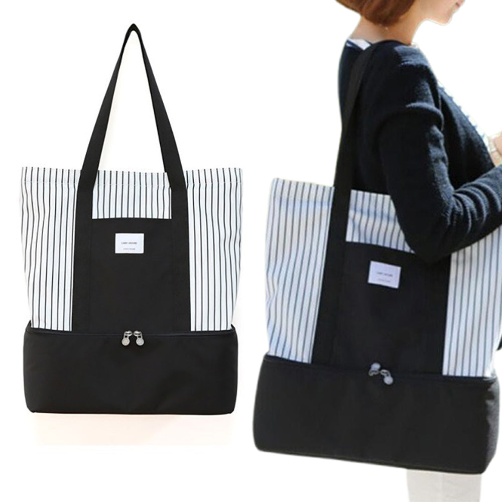 Black White Striped Double Layer Insulated Lunch Bag for Outdoor