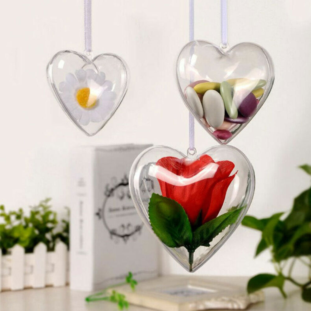 10Pcs Christmas Heart-Shaped Plastic Baubles Fillable Clear Balls Xmas Tree Decor