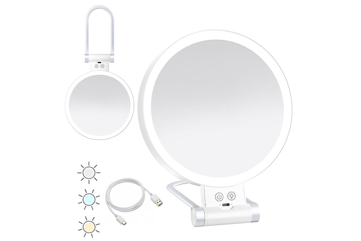 Double Sided 1X And 30X Magnifying Makeup Foldable Mirror With 3 Color Lights
