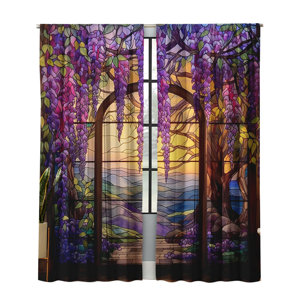 2Pcs Stained Glass Flower Wisteria Printed Curtain for Home Decor