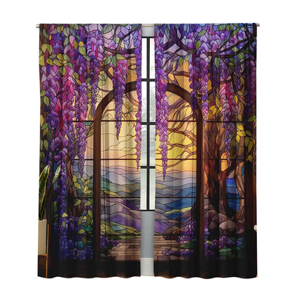 2Pcs Stained Glass Flower Wisteria Printed Curtain for Home Decor