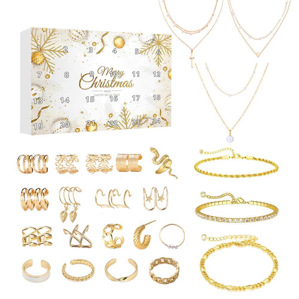 Jewellery Advent Calendar 24 Day Countdown Christmas Calendar with Gold Necklace Rings Earrings Bracelet Gift Set
