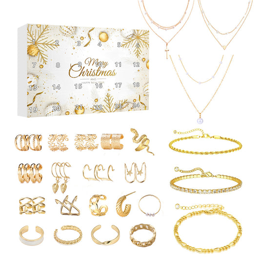 Jewellery Advent Calendar 24 Day Countdown Christmas Calendar with Gold Necklace Rings Earrings Bracelet Gift Set