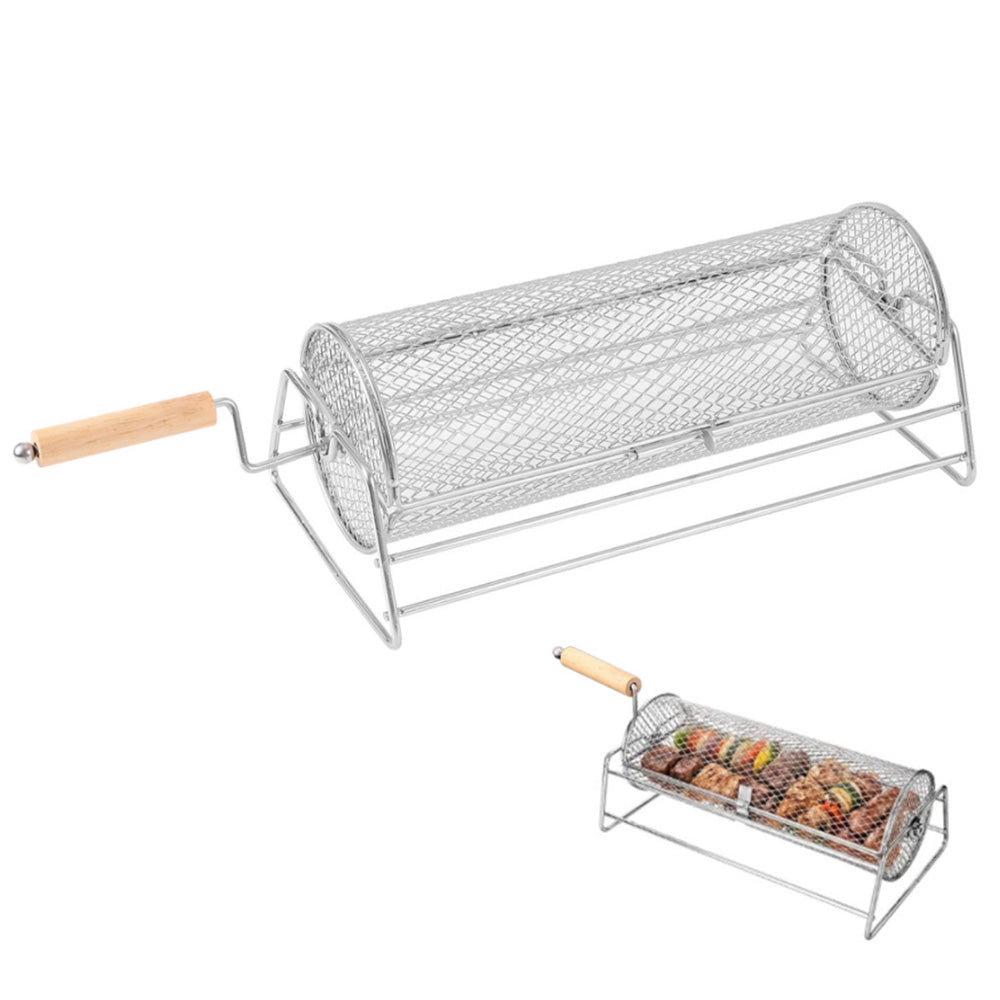 Rotating Stainless Steel BBQ Grill Basket with Stand and Handle for Camping Garden