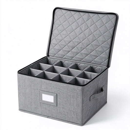 12 Compartment Quilted Fabric Wine Glass Storage Box with Dividers