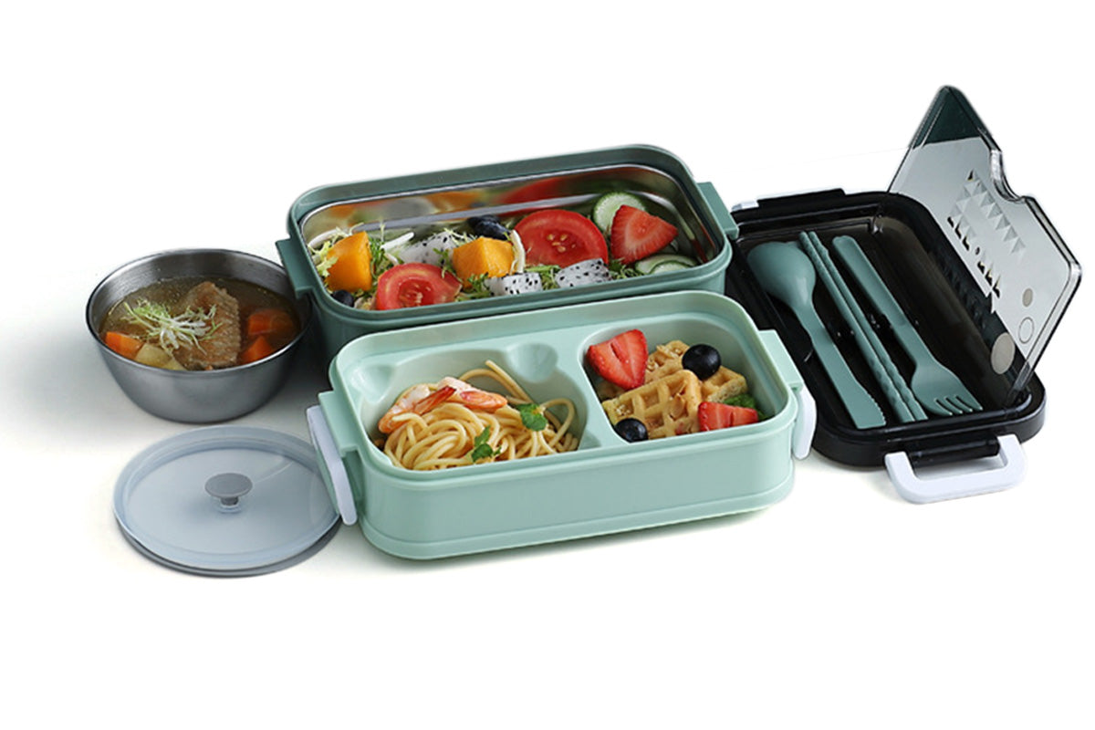 Bento Box Stackable 3-Compartment Lunch Containers With Dinnerware And Seal Cover