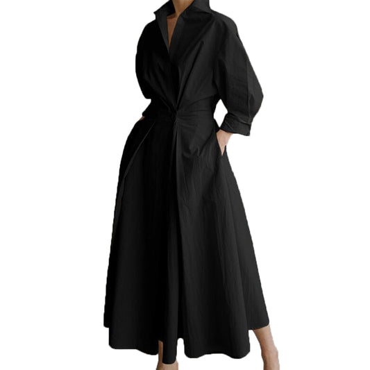 Women Elegant Cotton Lapel Shirt Dress