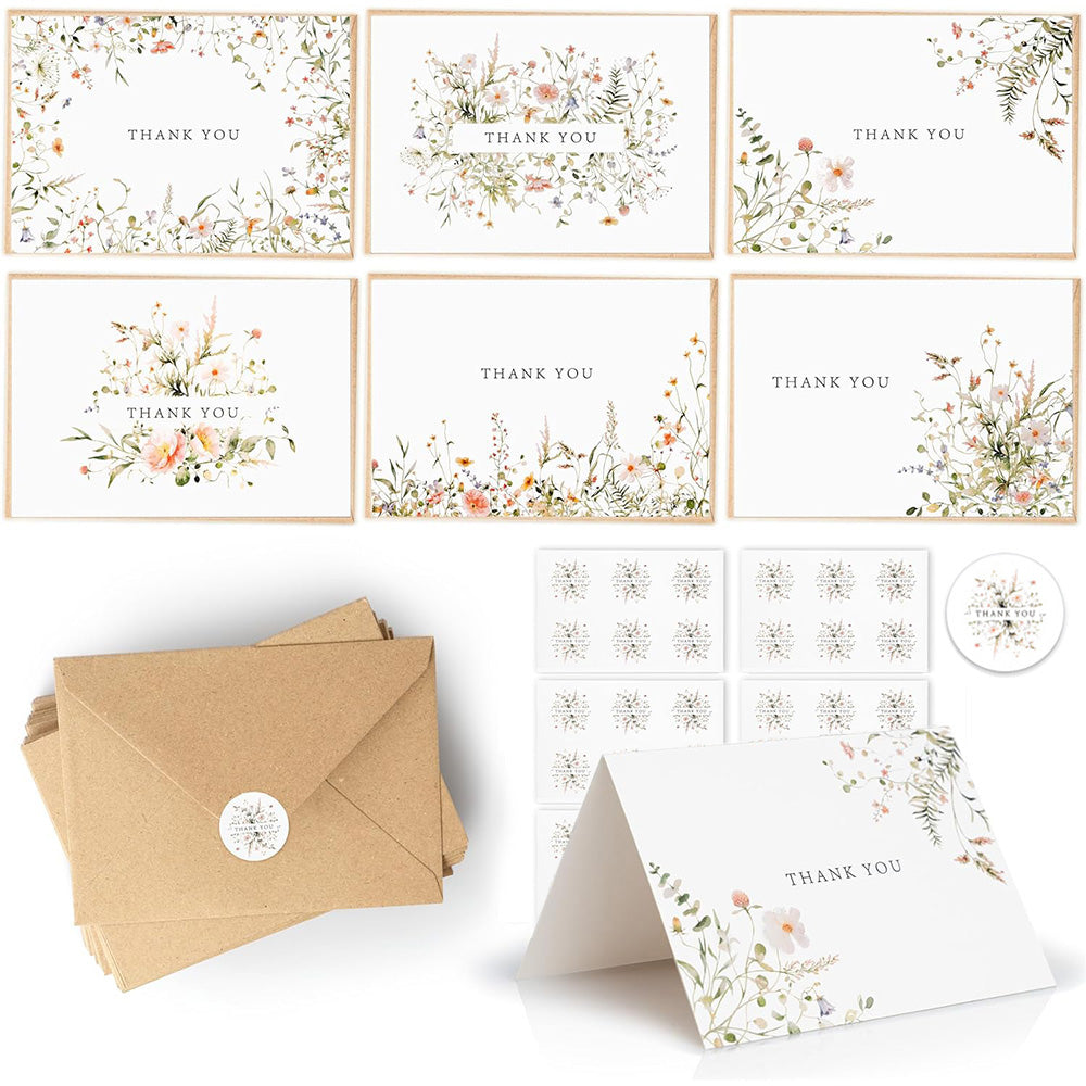 36 Pack Floral Thank You Cards Bulk with Kraft Envelopes Matching Stickers
