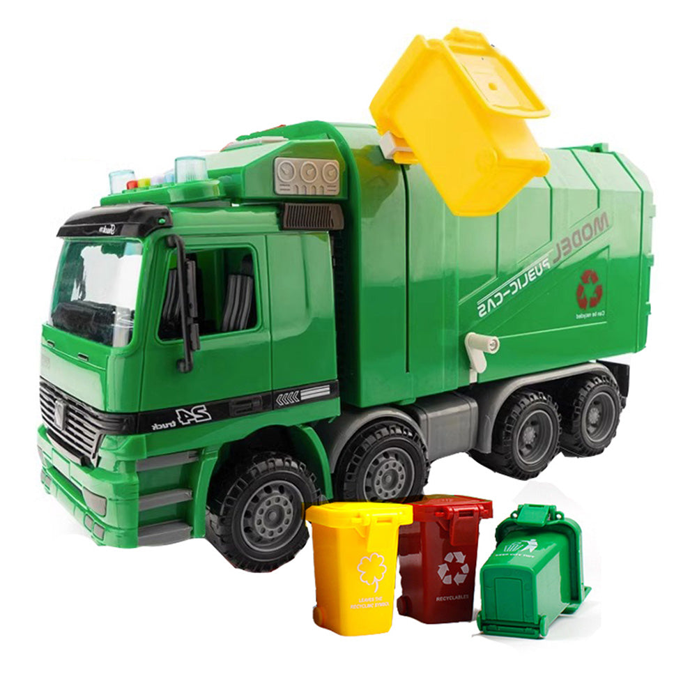 Side Loading Garbage Truck Toy with 3Pcs Trashes Inertia Automatic Lifting Truck