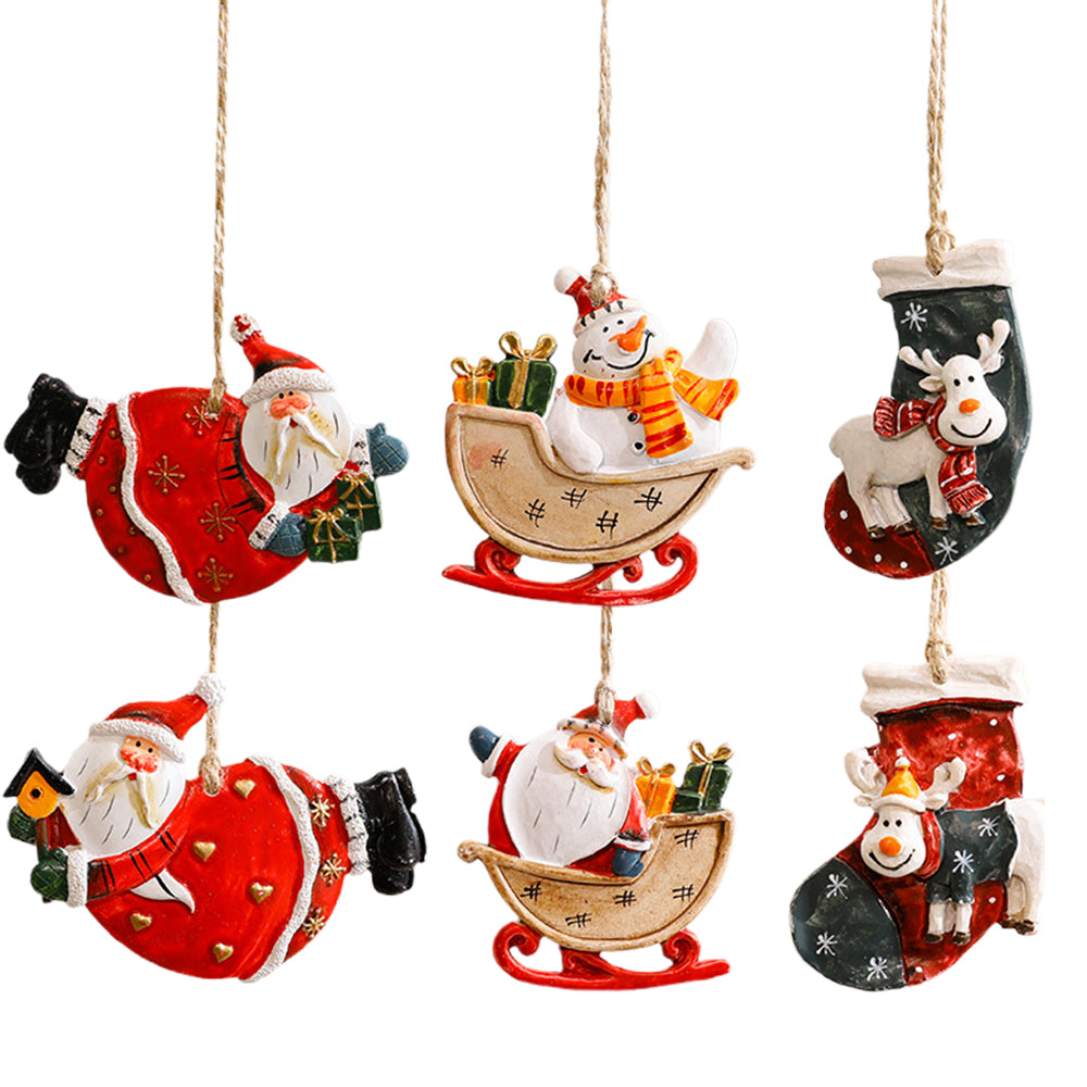 Resin Christmas Tree Ornaments 6 Pack Santa Snowman Stocking Sleigh Holiday Hanging Decorations