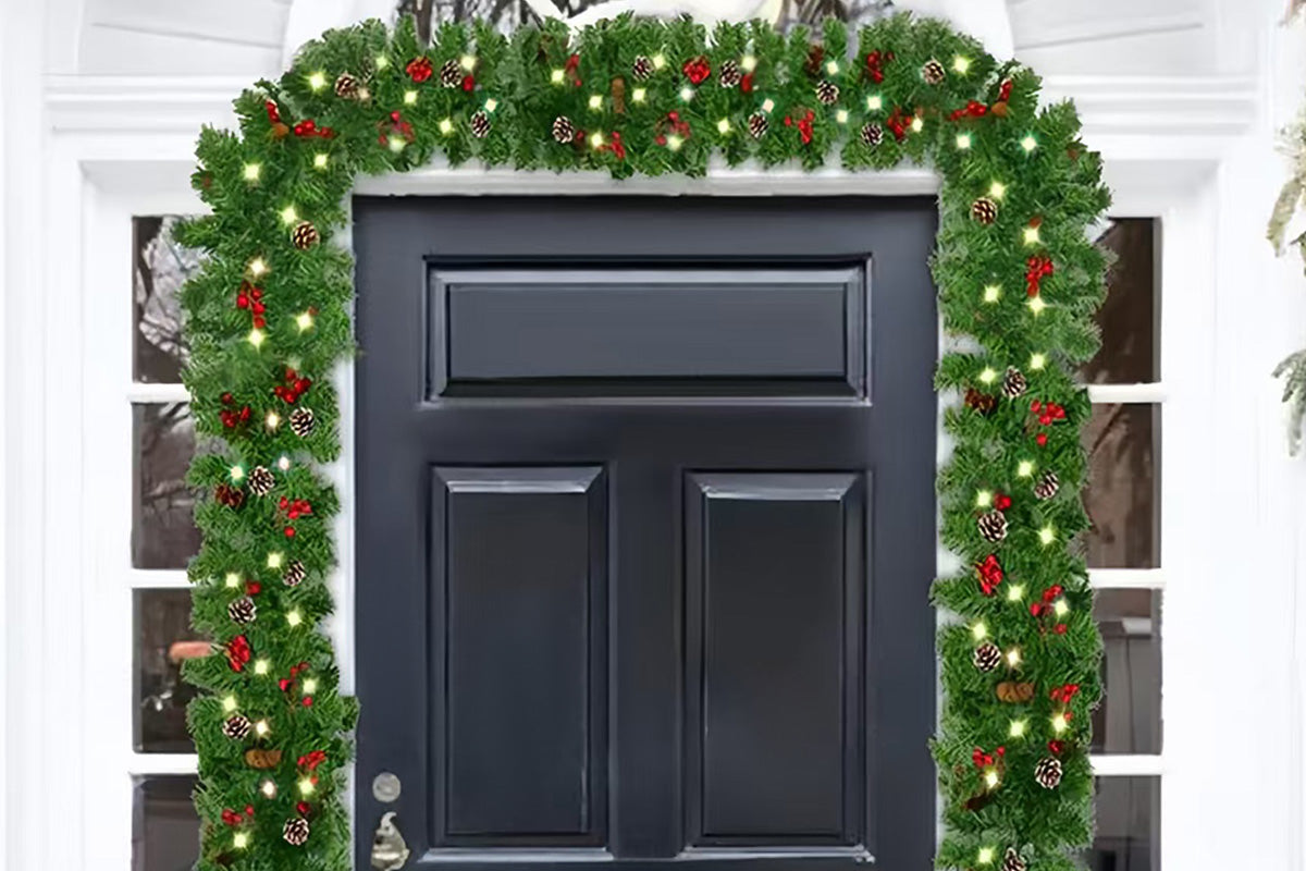 270cm Christmas Garland with Warm White LED Lights for Home Outdoor Fireplace Mantle Porch