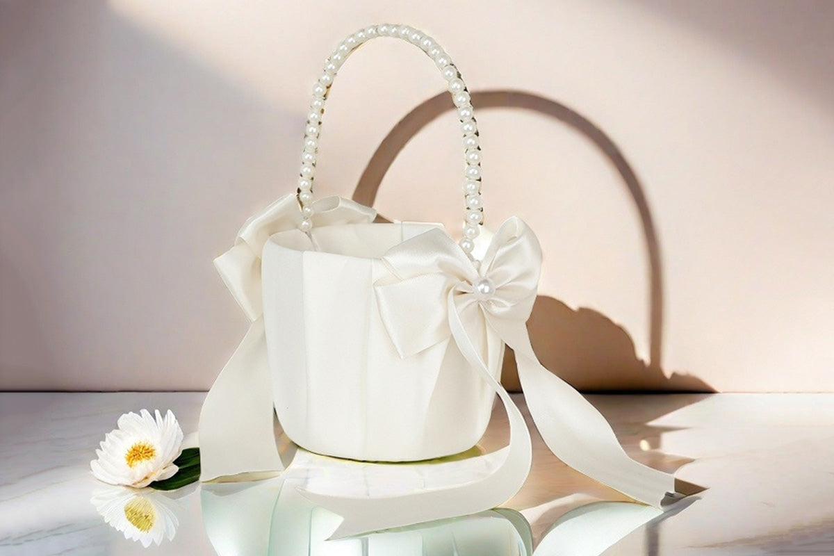 Wedding Flower Girl Basket with Pearl Handle Bowknot Satin Ribbon