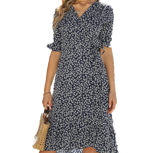 Women's Boho Summer Wrap V Neck Side Split Short Sleeves Dress with Belt