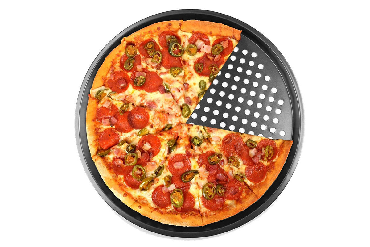 Pizza Pan Non Stick Crisper Tray Carbon Steel Round Oven Bakeware with Holes 24-32cm