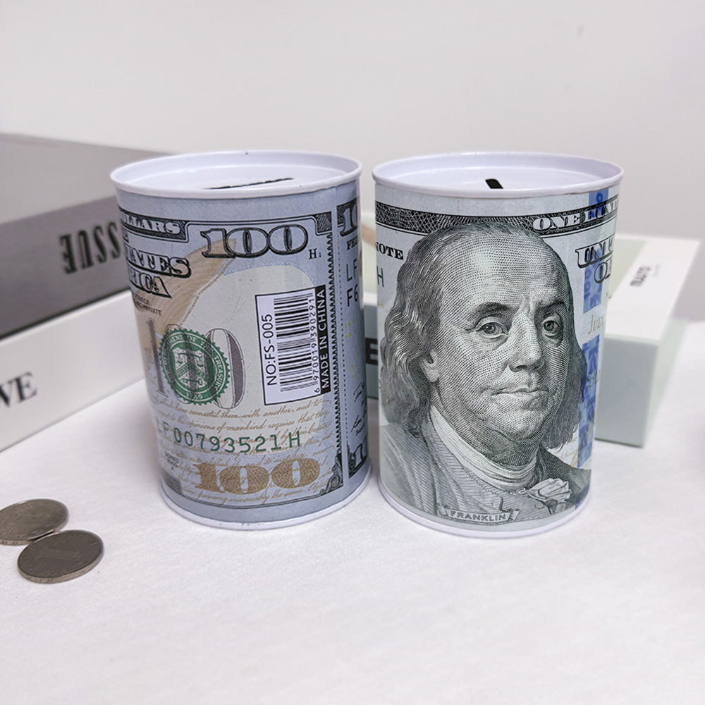 2 Pack Metal Money Saving Banks Benjamin Franklin 100 Dollar Bill Tin Design