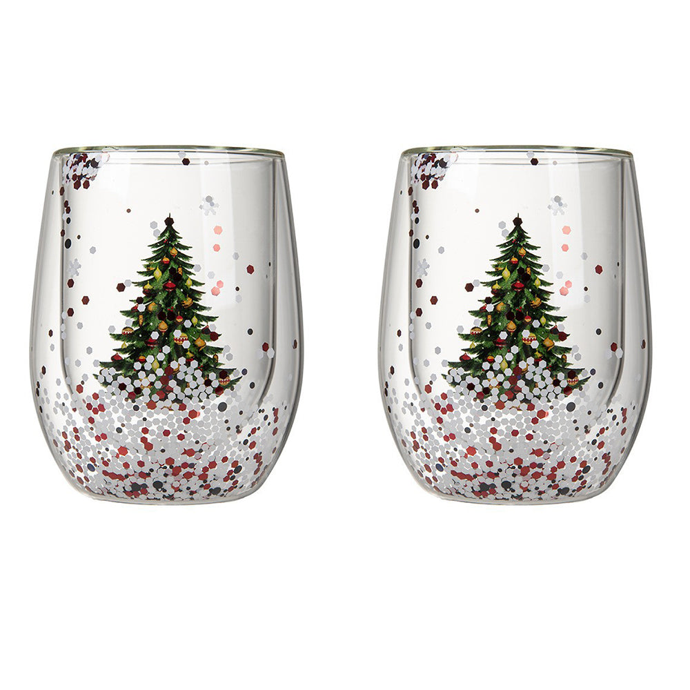 2Pcs 300ml Christmas Trees Double Wall Coffee Glasses Cups
