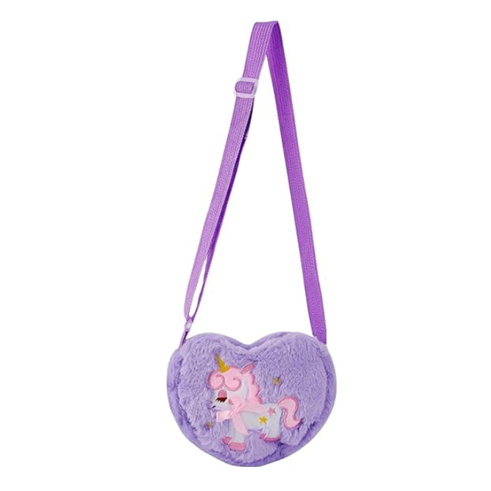 Girls Cute Plush Heart Unicorn Embroidery Zipper Crossbody Bag