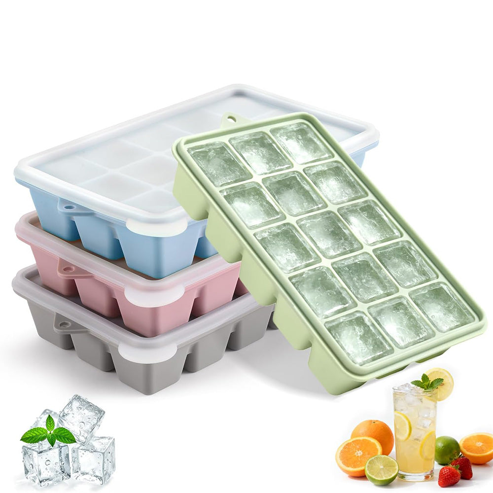 4 Piece Silicone Ice Cube Trays with 15 Cavities Lids and Stackable Design
