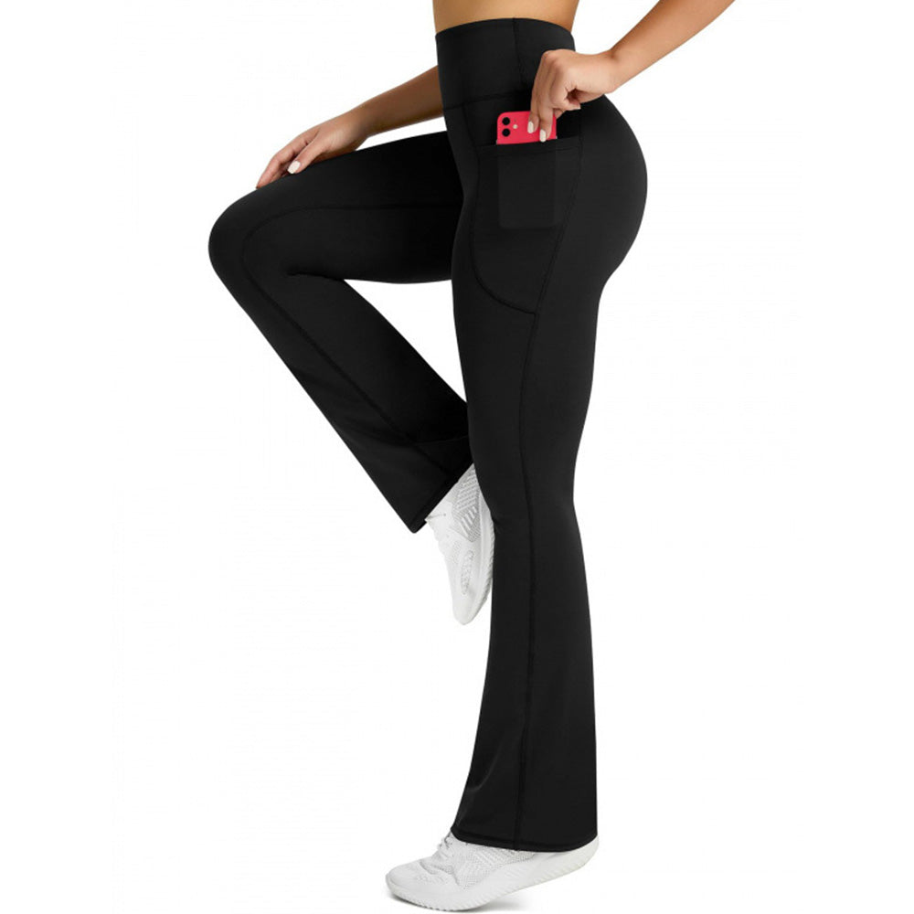 High Waist Flare Yoga Pants with Side Pockets for Workout Daily Wear-Black