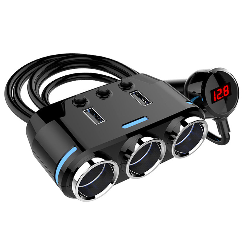 3 Way 12V Car Cigarette Lighter Splitter Dual USB Charger Digital Display