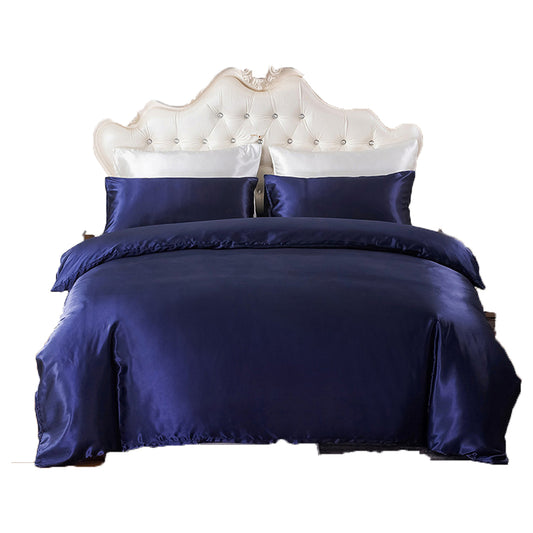 Single Double Queen Quilt Cover Silk Satin Bedding Set-Blue