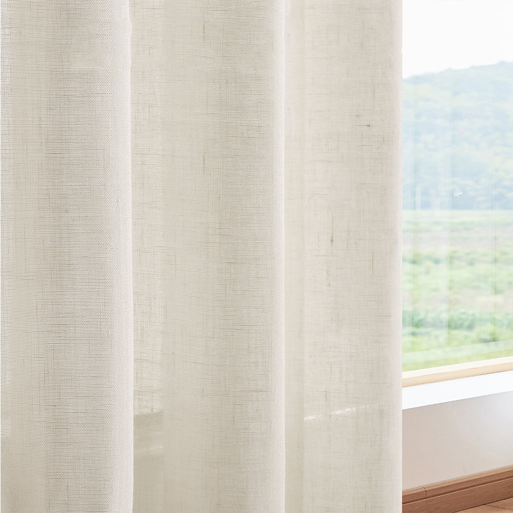 2Pcs Linen Sheer Curtains Living Room Privacy Draperies-Beige