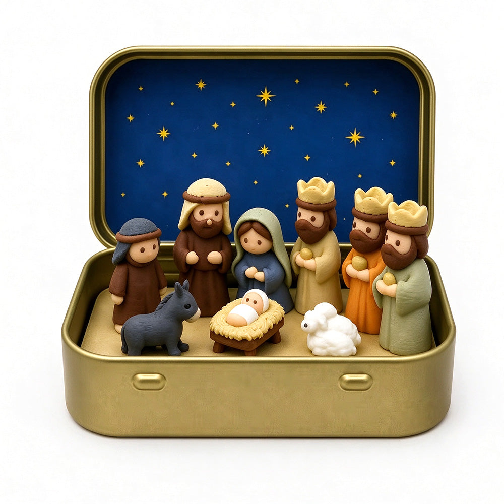 9 Pcs Nativity Scene Mini Figurines with Metal Storage Display Box
