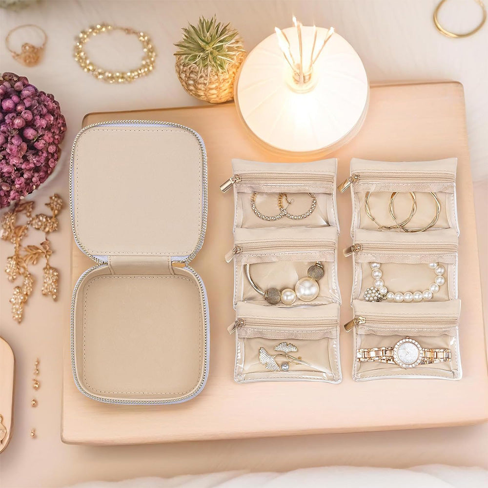 Travel Jewelry Case Small Jewelry Box with 6 Transparent Zipper Pockets