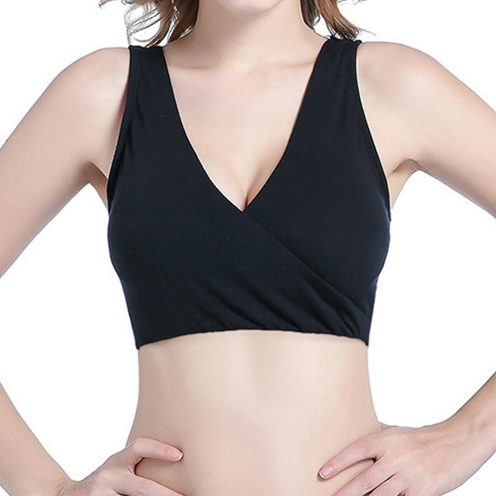 Seamless Wireless Cross Front Lounge Bra with Removable Pads for Women-Black
