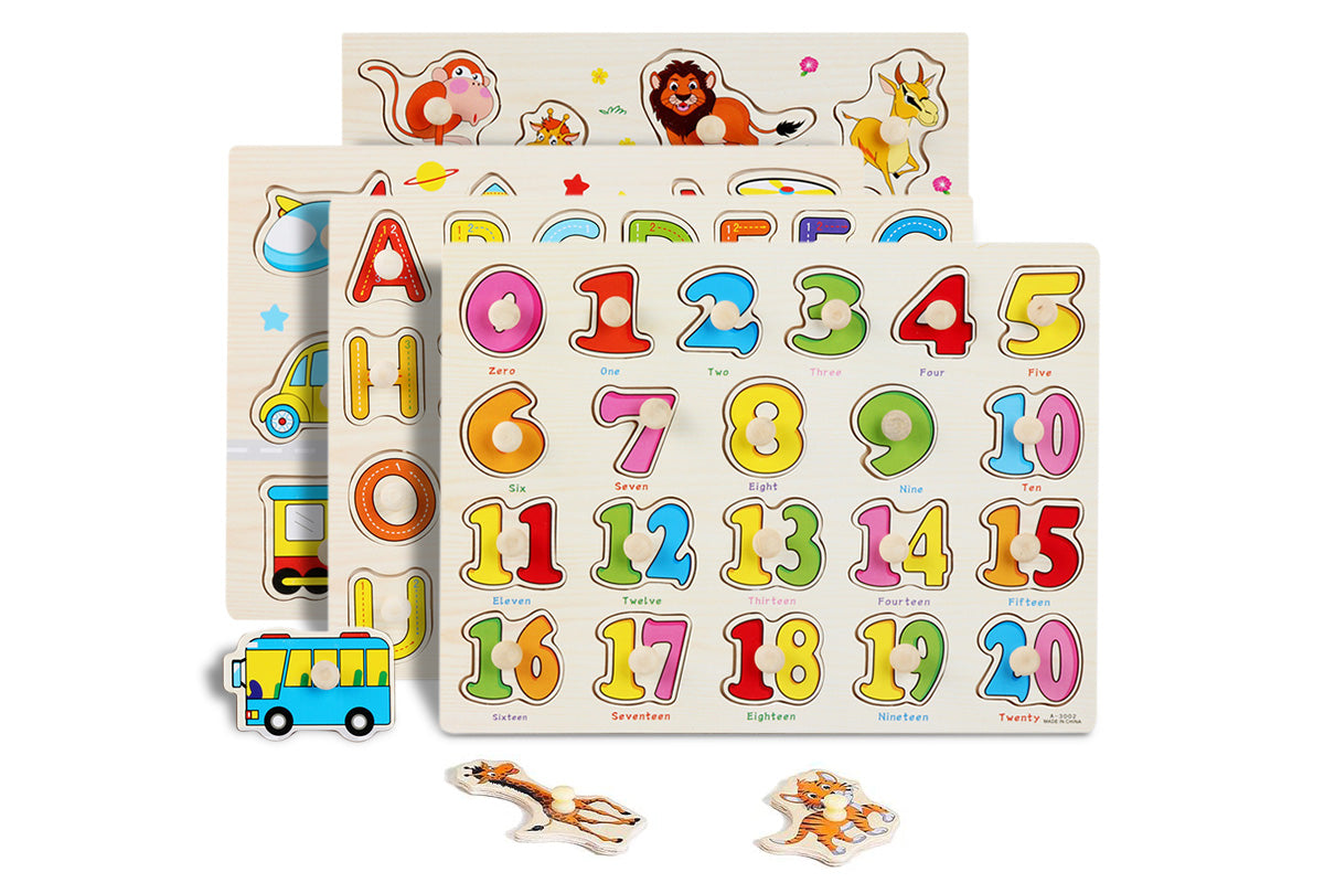 4 Sets Wooden Peg Puzzle for Girls Boys with Alphabet Number Animal Dinosaur Vehicle
