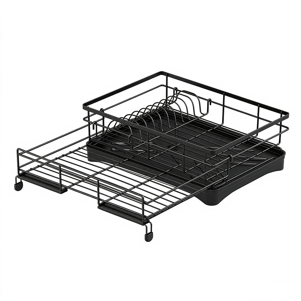 Expandable Carbon Steel Dish Drying Rack with Rotating Drain Spout-Black