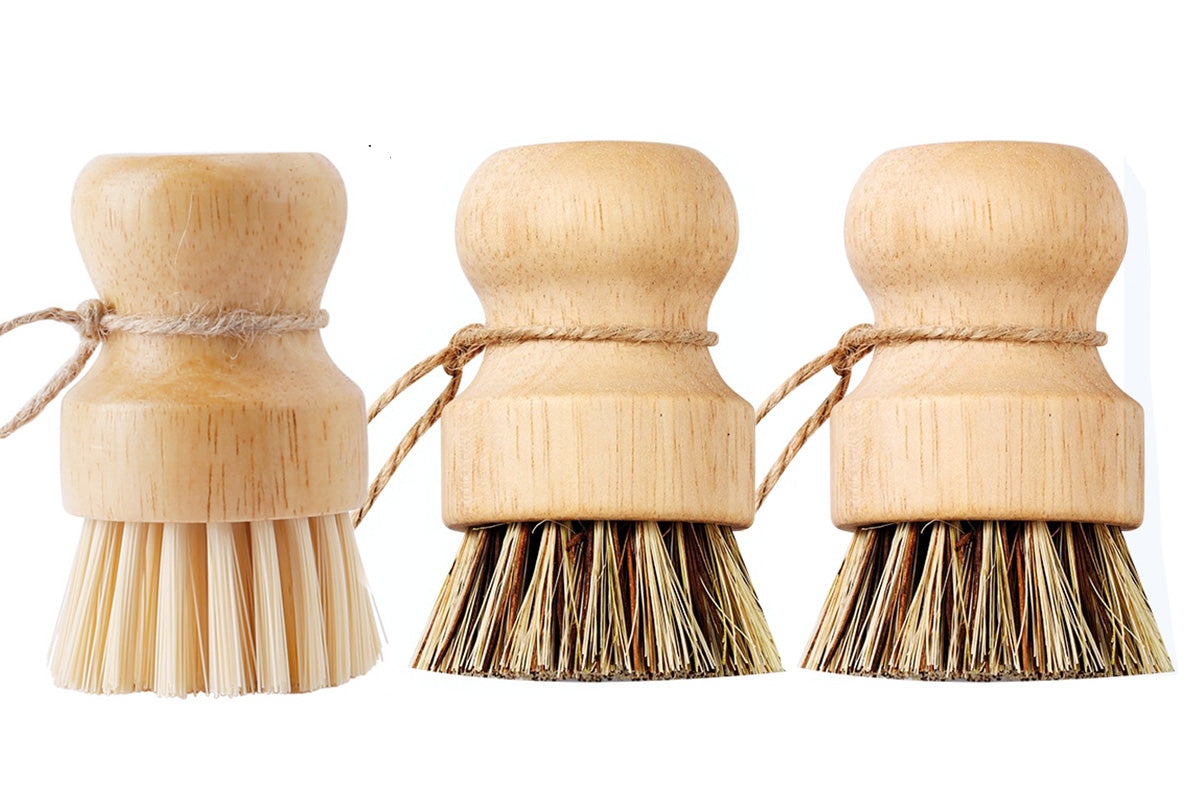 3PCS Bamboo Round Mini Dish Brush Natural Cleaning Brush Kitchen Scrubber Set