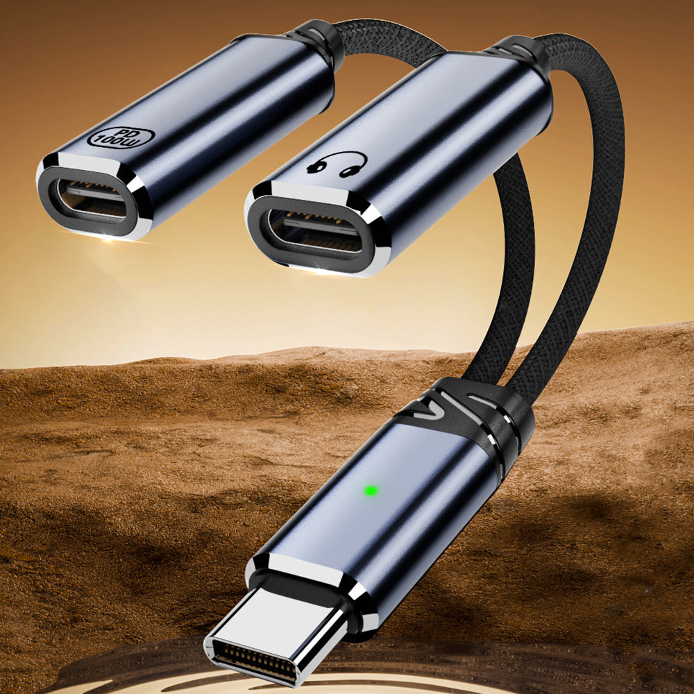 2-in-1 Audio Charger Splitter Type-C Male to USB Female with Type-C Female Charging 100W