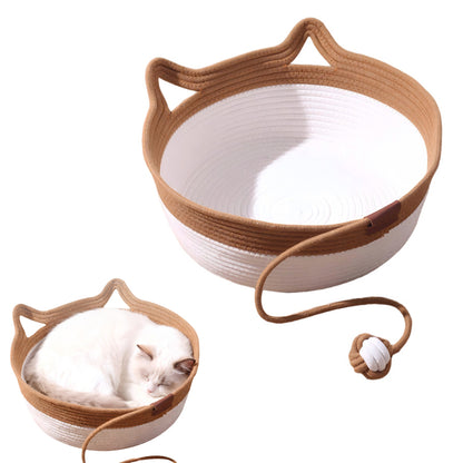 Handwoven Cat Basket Rope Cotton Pet Bed Round Boho Style Cat Bed with Teaser Ball