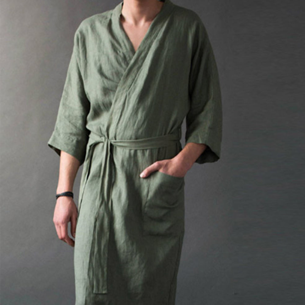 Men Cotton-Linen Bathrobe Green