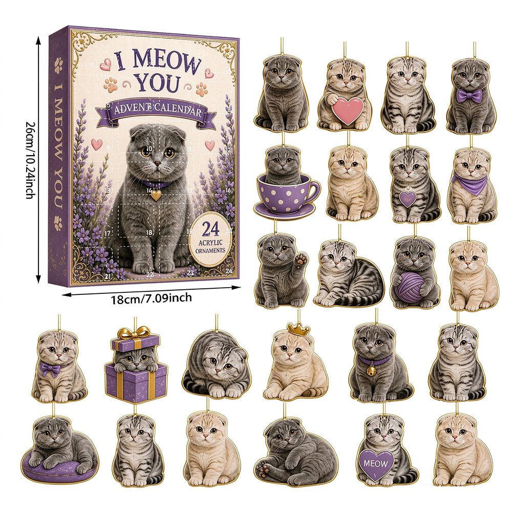 2D Acrylic Advent Calendar with 24 Cat Ornaments for Christmas Holiday Decor