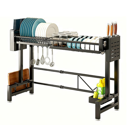 Over The Sink Dish Drying Rack Adjustable Large Capacity Stainless Steel Drainer with Cutlery Utensil Holders